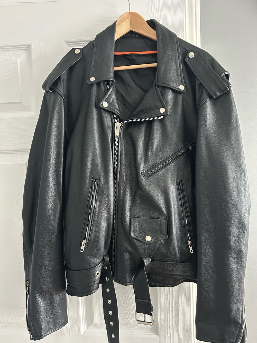 Unik Black Leather Bomber-Style Moto Jacket